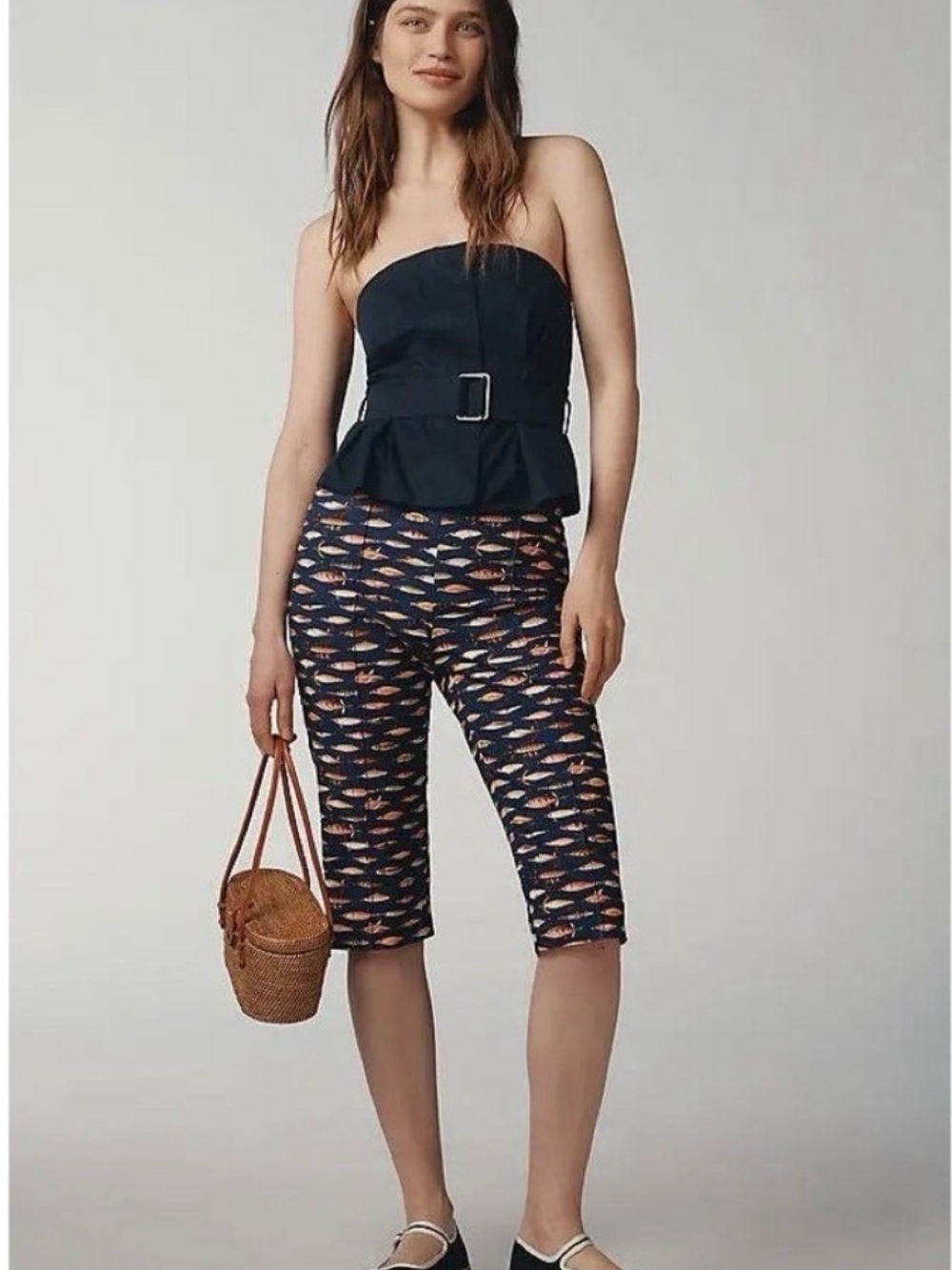 Maeve Anthropologie Fishing Lures Cropped Capri Pants Navy Blue Elastic Waist MT